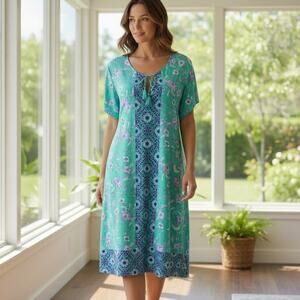 Lands End Green Blue Sheath Dress Sz L Tie Keyhole Neckline Stretchy